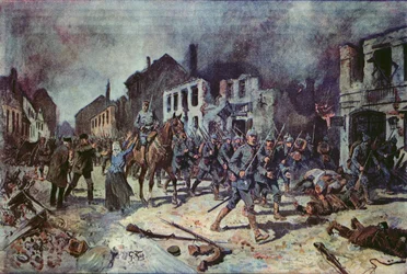 Tyske tropper som går inn i byen Ortelsburg under slaget ved Tannenberg, august 1914